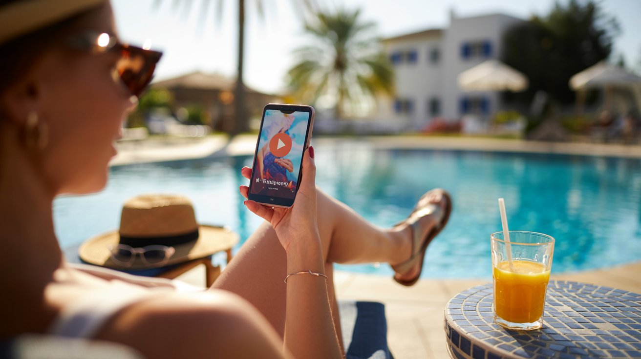 Personne consultant une vidéo sur son téléphone au bord d'une piscine d'hôtel, sur un réseau Wi-Fi partagé